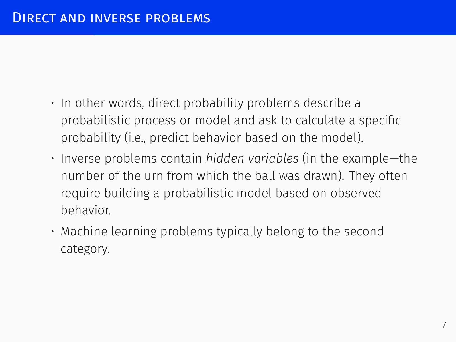 Illustration of direct and inverse probability problems with urns